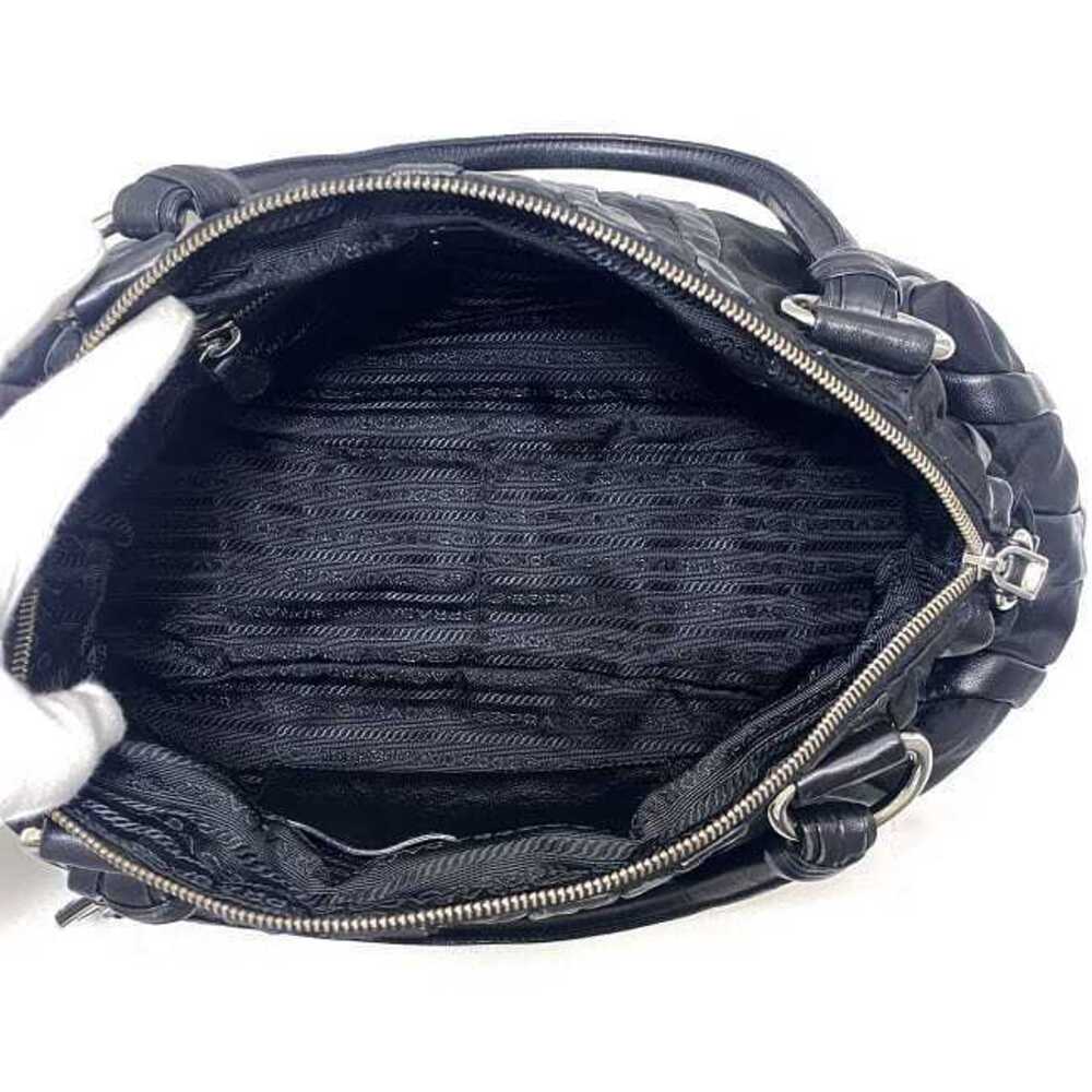 Prada Tote Bag Black Silver Leather Stripe Zipper Logo - Picture 5 of 10